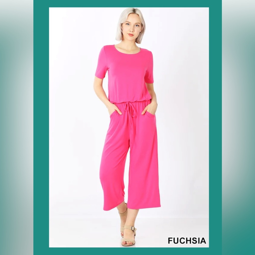 Fuchsia Wide Leg Cropped Jumpsuit With Pockets Size Large NWT